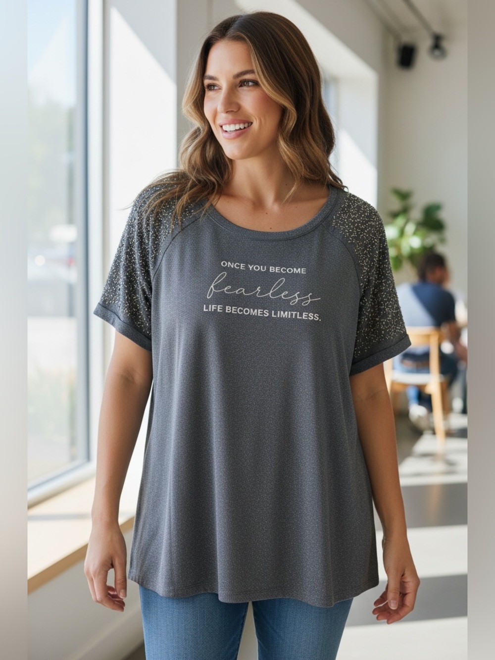 Midnight Velvet Gray Sparkle Short Sleeve Tee with Embellished Shoulders